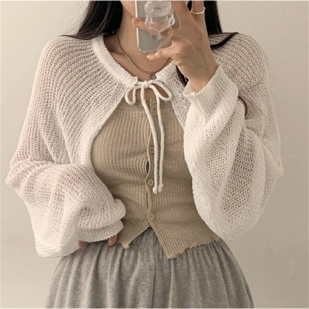 Cropped Lace-Up Solid Cardigan
