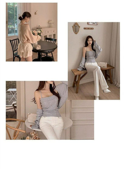 Solid Cardigan & Cable-Knit Camisole Top Set