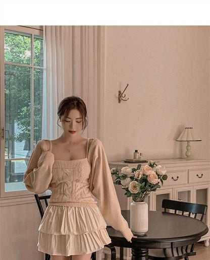 Solid Cardigan & Cable-Knit Camisole Top Set