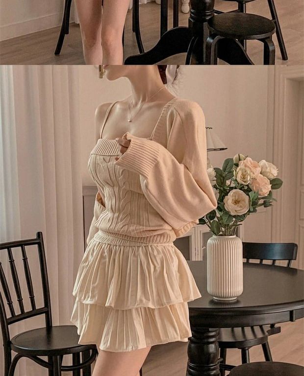 Solid Cardigan & Cable-Knit Camisole Top Set