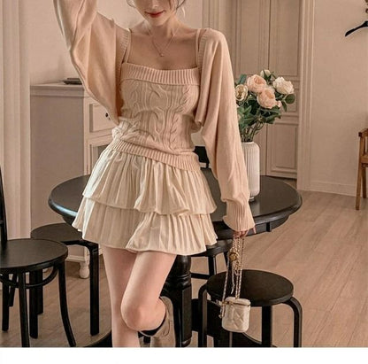 Solid Cardigan & Cable-Knit Camisole Top Set
