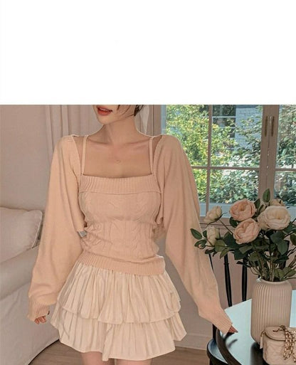 Solid Cardigan & Cable-Knit Camisole Top Set