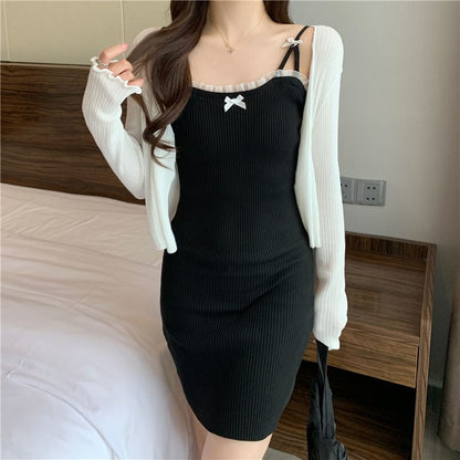 Spaghetti Strap Lace Trim Mini Bodycon Dress / Plain Cardigan