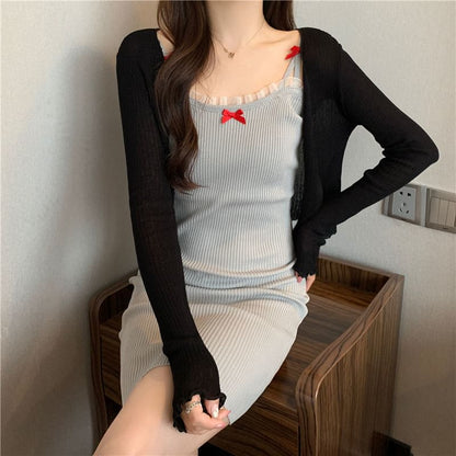 Spaghetti Strap Lace Trim Mini Bodycon Dress / Plain Cardigan