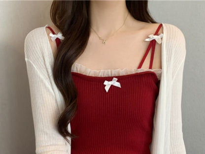 Spaghetti Strap Lace Trim Mini Bodycon Dress / Plain Cardigan