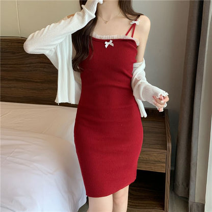 Spaghetti Strap Lace Trim Mini Bodycon Dress / Plain Cardigan