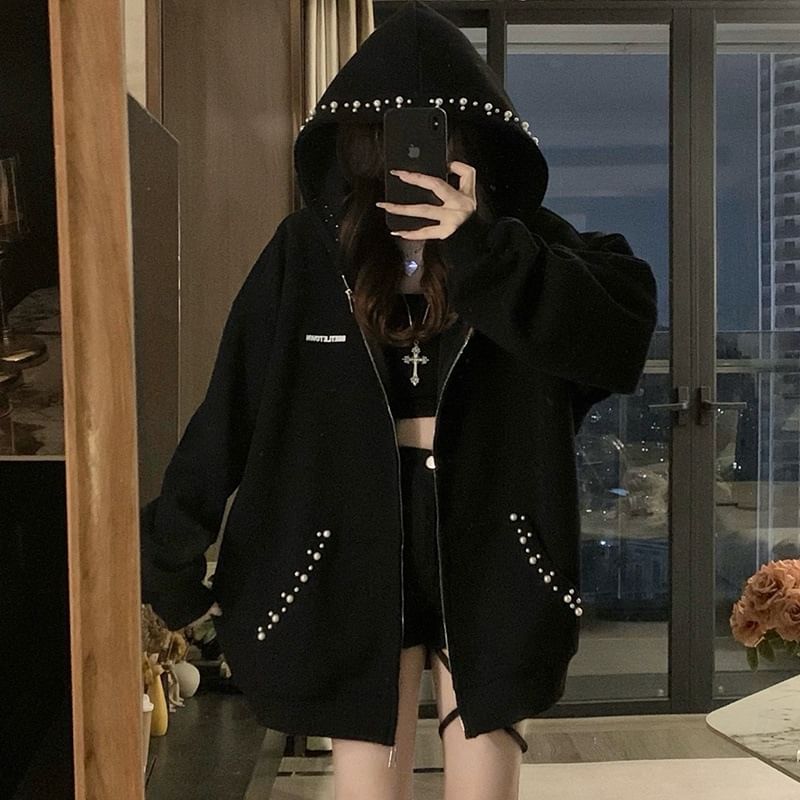 Beaded Faux Pearl Hoodie with Zip Front in Solid Color Style