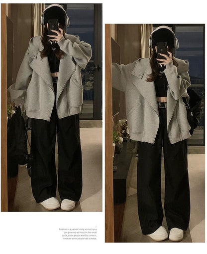 Zip-Up Hoodie with Panel Design in Solid Color Style