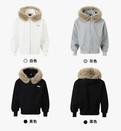 Unisex Detachable Faux Fur-Trim Zip Hoodie