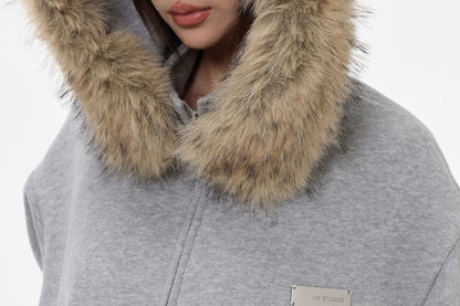 Unisex Detachable Faux Fur-Trim Zip Hoodie