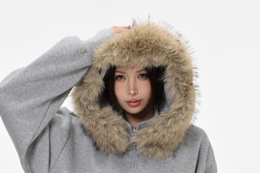Unisex Detachable Faux Fur-Trim Zip Hoodie