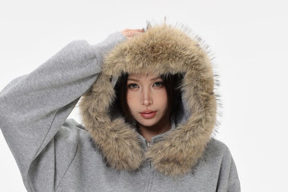 Unisex Detachable Faux Fur-Trim Zip Hoodie