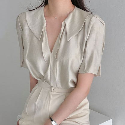 Satin Short-Sleeve Shirt in Solid Color Button-Down Style