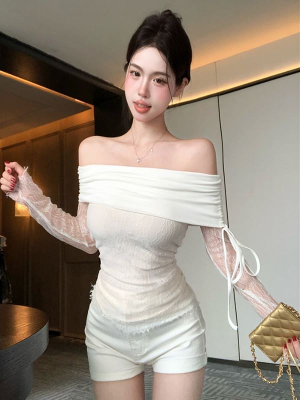 Off-Shoulder Lace Slim Fit Crop Top with Long Sleeves
