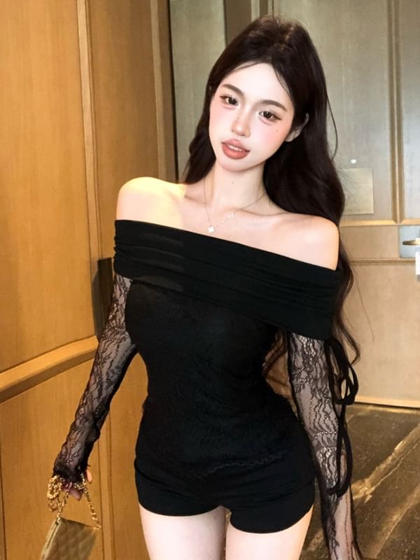 Off-Shoulder Lace Slim Fit Crop Top with Long Sleeves