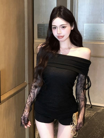 Off-Shoulder Lace Slim Fit Crop Top with Long Sleeves