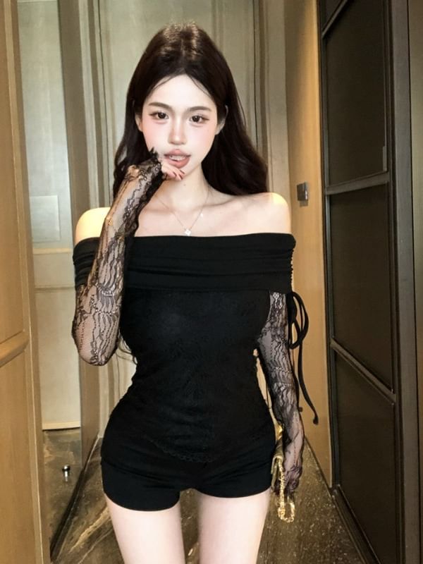 Off-Shoulder Lace Slim Fit Crop Top with Long Sleeves