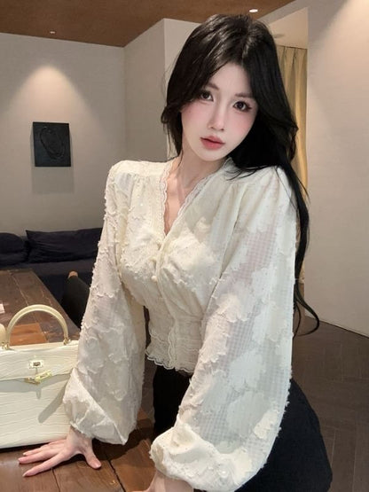 Button-Up Cropped Blouse with Jacquard Lace Trim V-Neckline and Long Sleeves
