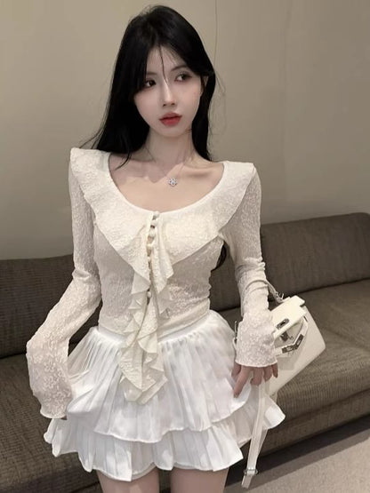 Ruffled Scoop-Neck Lace Crop Top with Button Front and Long Sleeves / Pleated Layered Mini A-Line Skirt High Waist