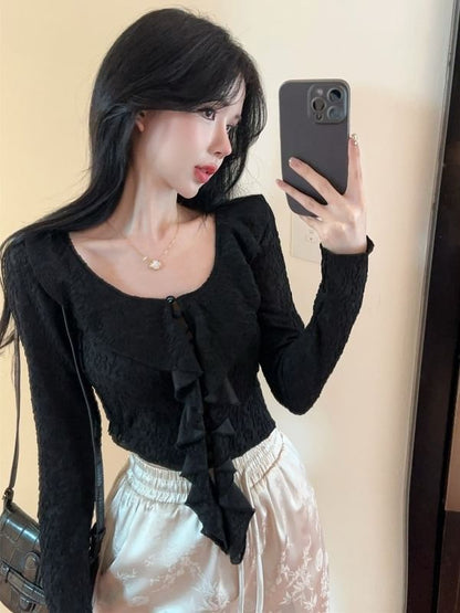 Ruffled Scoop-Neck Lace Crop Top with Button Front and Long Sleeves / Pleated Layered Mini A-Line Skirt High Waist