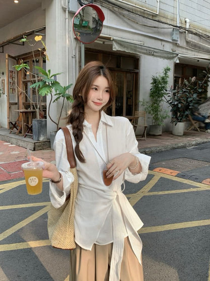 Tie-Up Collared Shirt with Long Sleeves in Solid Color Style