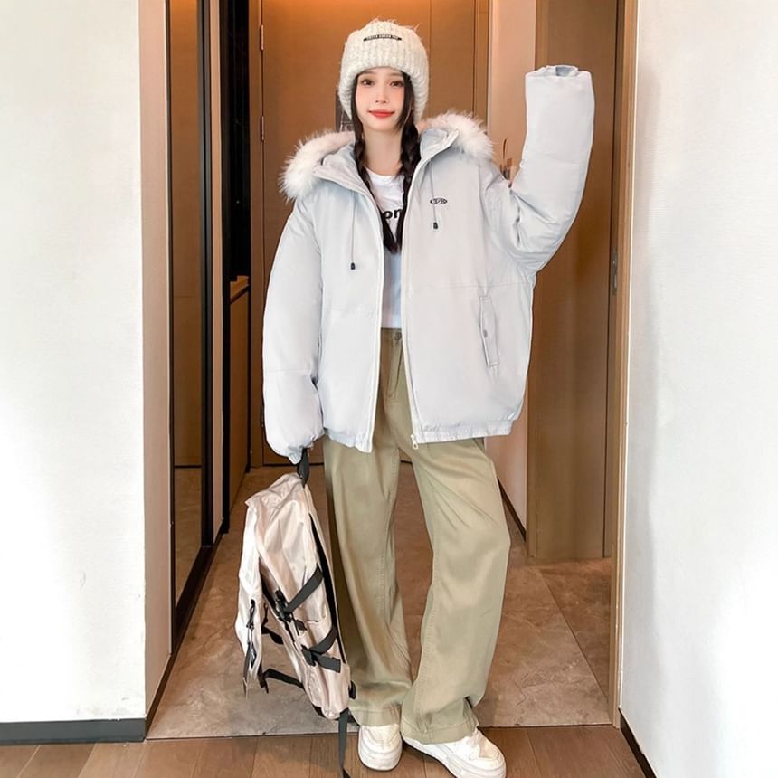 Long Sleeve Plain Loose-Fit Furry-Trim Hooded Jacket