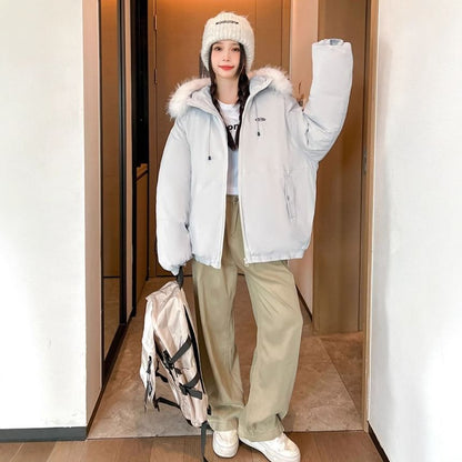 Long Sleeve Plain Loose-Fit Furry-Trim Hooded Jacket