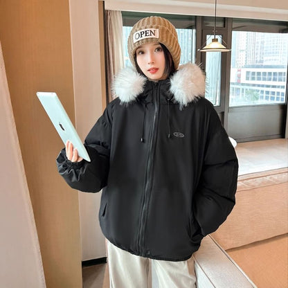 Long Sleeve Plain Loose-Fit Furry-Trim Hooded Jacket