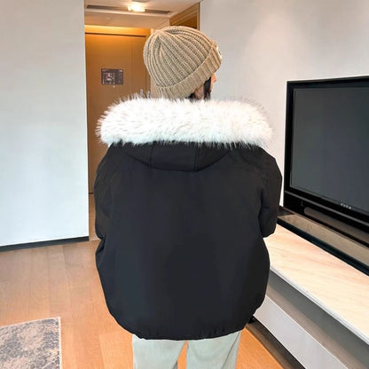 Long Sleeve Plain Loose-Fit Furry-Trim Hooded Jacket