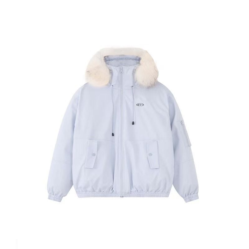 Long Sleeve Plain Loose-Fit Furry-Trim Hooded Jacket
