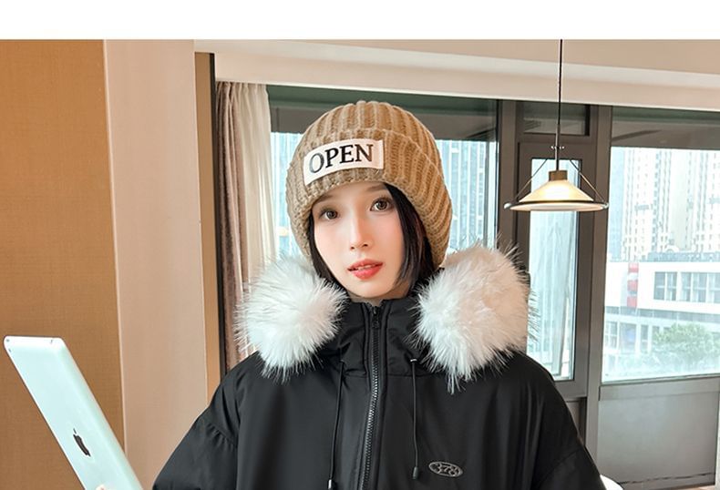 Long Sleeve Plain Loose-Fit Furry-Trim Hooded Jacket