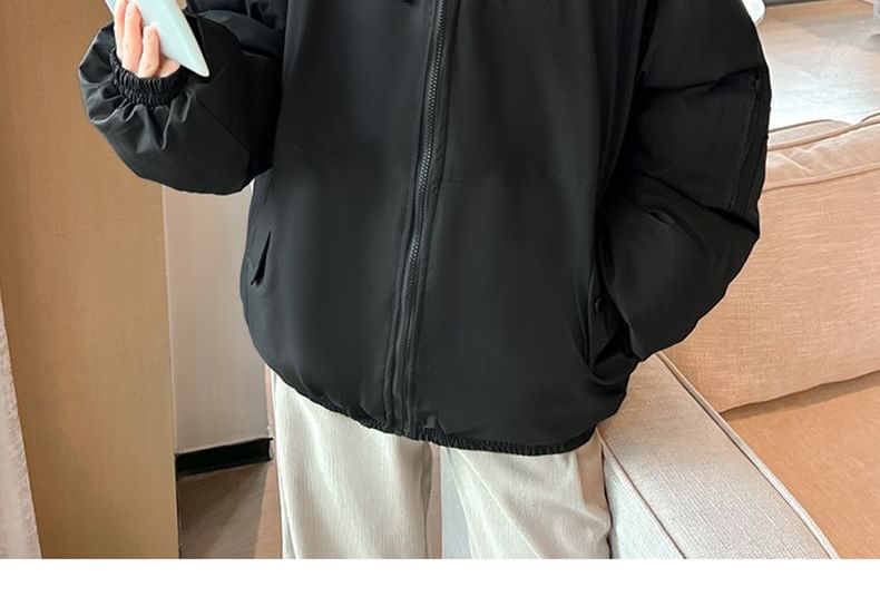 Long Sleeve Plain Loose-Fit Furry-Trim Hooded Jacket