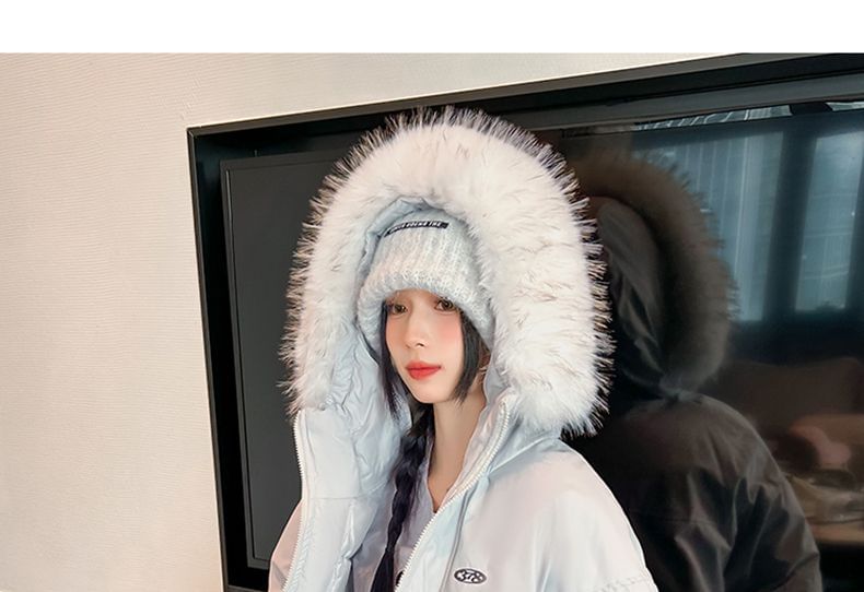Long Sleeve Plain Loose-Fit Furry-Trim Hooded Jacket
