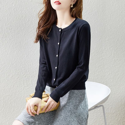 Round Neck Solid Button-Up Cardigan