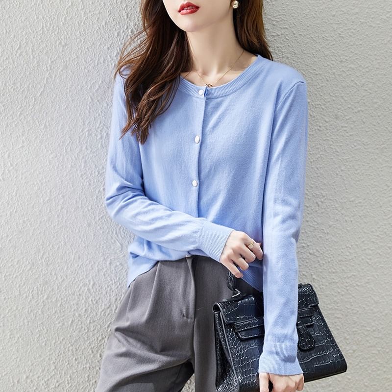 Round Neck Solid Button-Up Cardigan