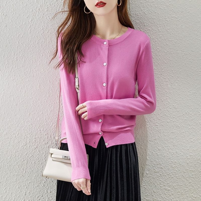 Round Neck Solid Button-Up Cardigan