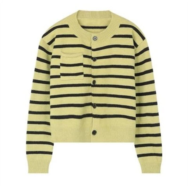 Striped Crew Neck Button-Front Crop Cardigan