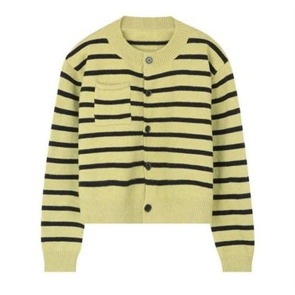Striped Crew Neck Button-Front Crop Cardigan