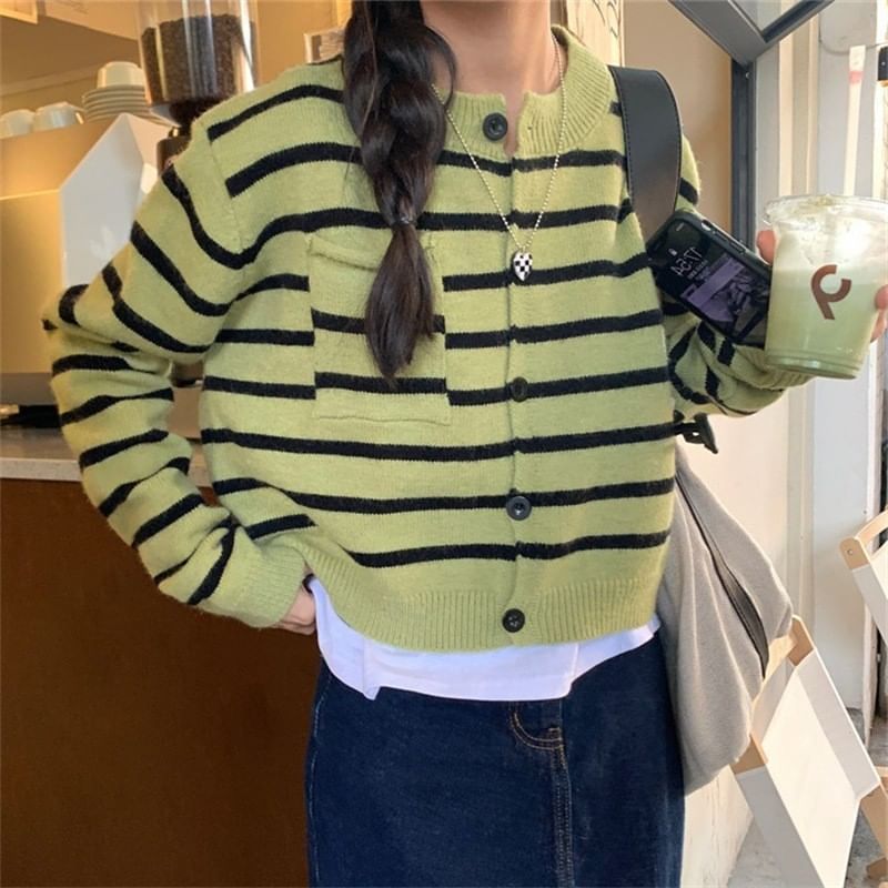 Striped Crew Neck Button-Front Crop Cardigan