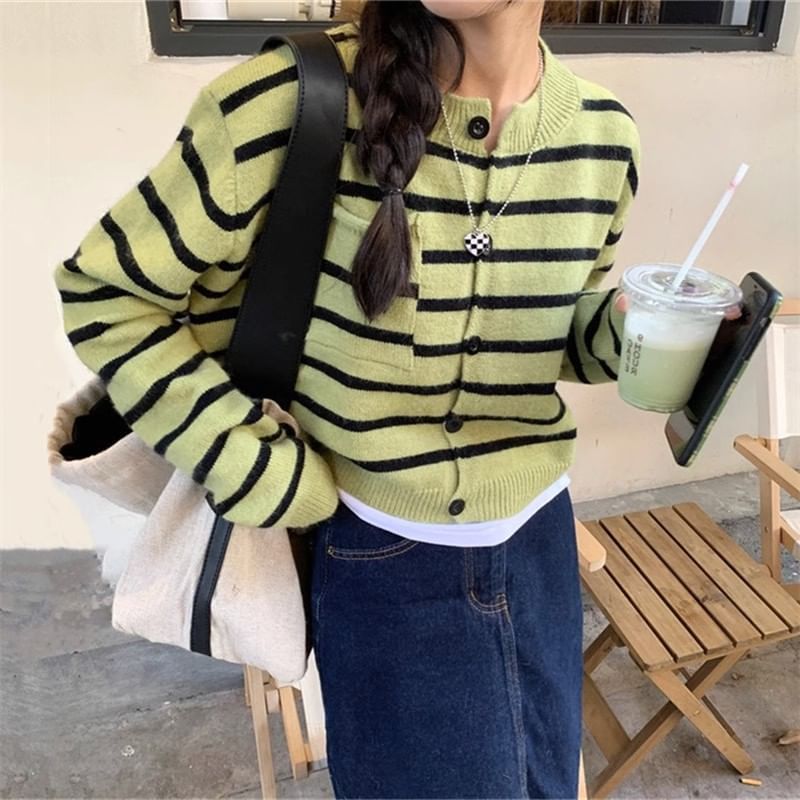Striped Crew Neck Button-Front Crop Cardigan