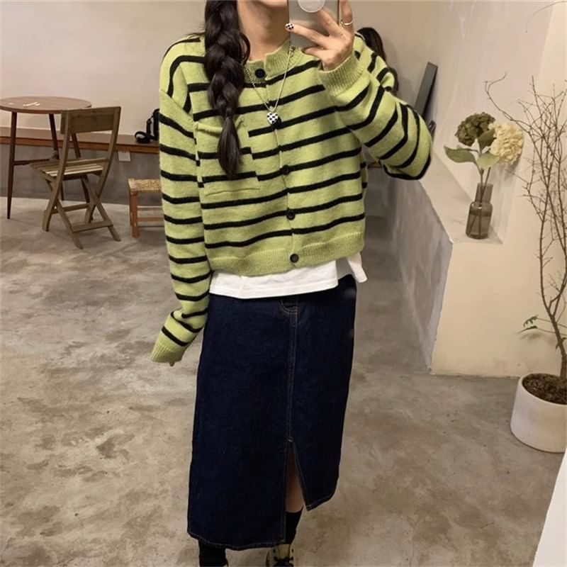 Striped Crew Neck Button-Front Crop Cardigan