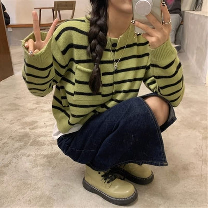 Striped Crew Neck Button-Front Crop Cardigan