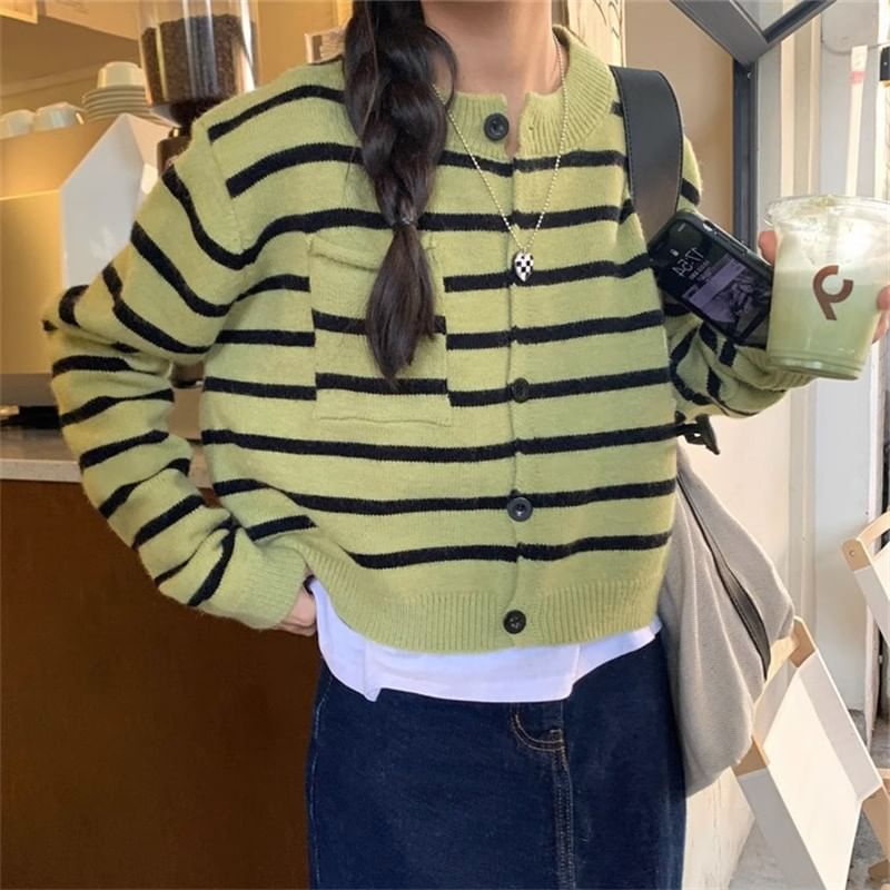 Striped Crew Neck Button-Front Crop Cardigan