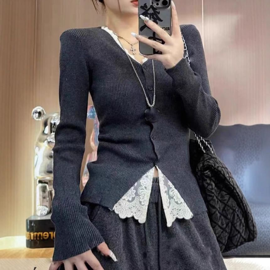 Mock Two-Piece V-Neck Lace Panel Button-Up Cardigan