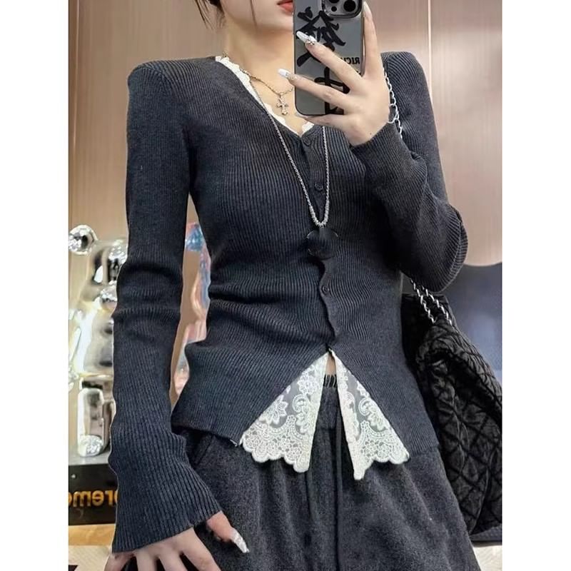 Mock Two-Piece V-Neck Lace Panel Button-Up Cardigan