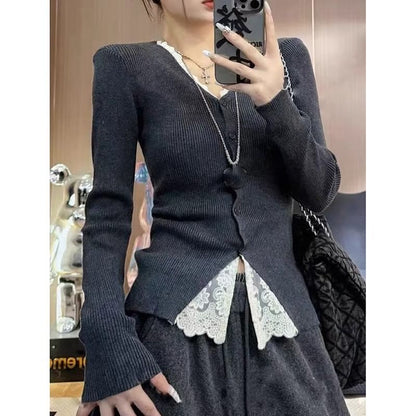 Mock Two-Piece V-Neck Lace Panel Button-Up Cardigan