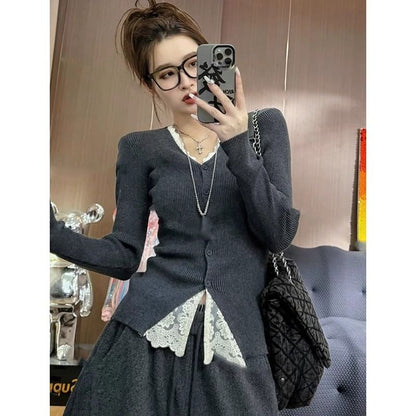 Mock Two-Piece V-Neck Lace Panel Button-Up Cardigan