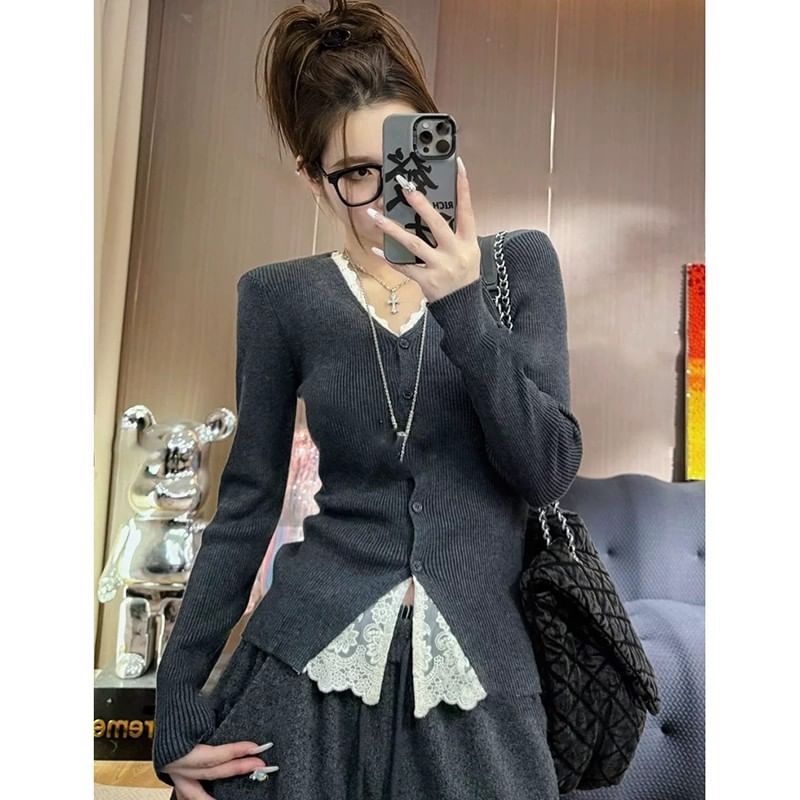 Mock Two-Piece V-Neck Lace Panel Button-Up Cardigan