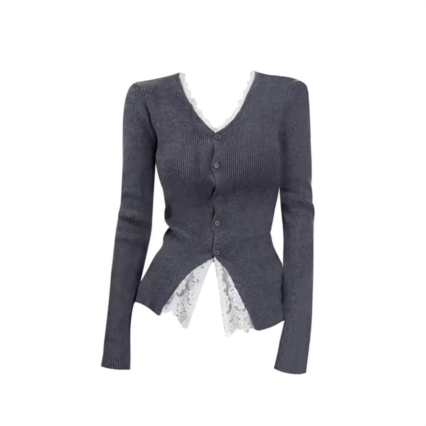 Mock Two-Piece V-Neck Lace Panel Button-Up Cardigan