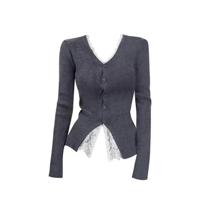 Mock Two-Piece V-Neck Lace Panel Button-Up Cardigan